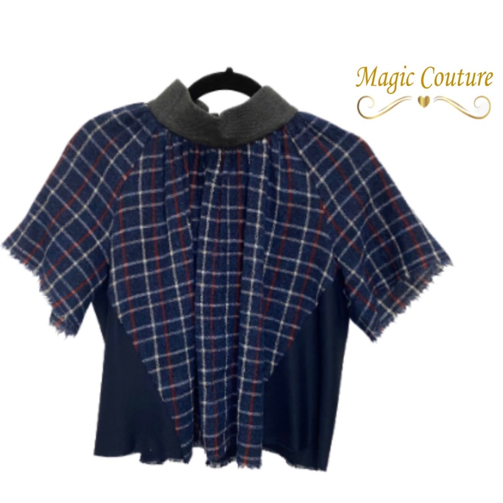 Sea New York High Neck Plaid Short Sleeve Blouse💙♥️💙